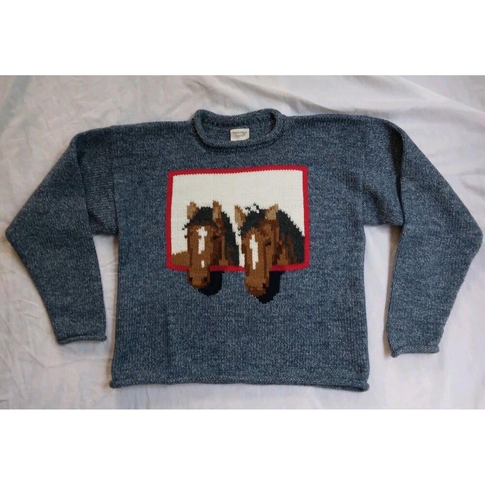 Rebecca Raggs Original Horse Sweater Blue Knit Equestrian Horse Lover Women's S